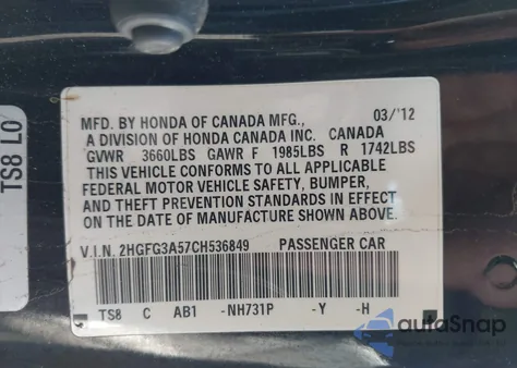 2012 Honda Civic Lx z USA, uszkodzony, nr VIN 2HGFG3A57CH536849